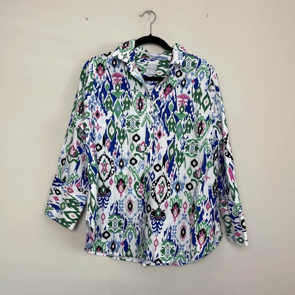 Chico's No Iron Chic Stretch Ikat‎ Coastal Career Blouse Button Up Sz 2 (12)
